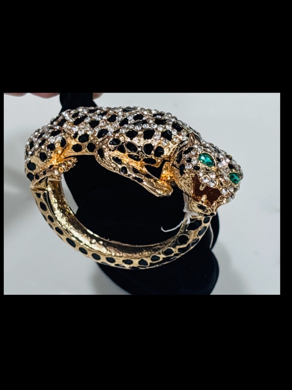 Leopard Rhinestone Bracelet Statement Chunky 3D Jaguar Panther Green Eyes NEW